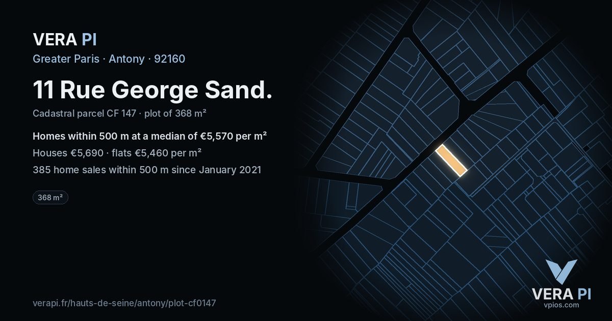 11 Rue George Sand, Antony at night – the plot lit, the parcels around coloured by the prices near them