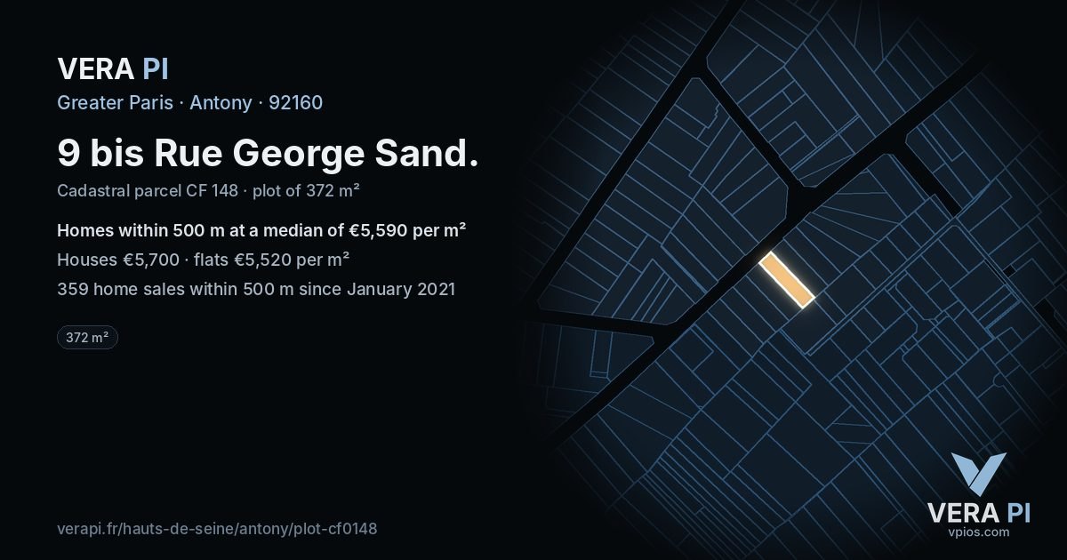 9 bis Rue George Sand, Antony at night – the plot lit, the parcels around coloured by the prices near them