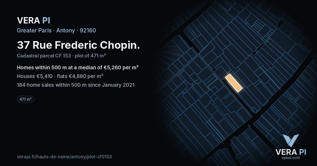 37 Rue Frederic Chopin, Antony at night – the plot lit, the parcels around coloured by the prices near them