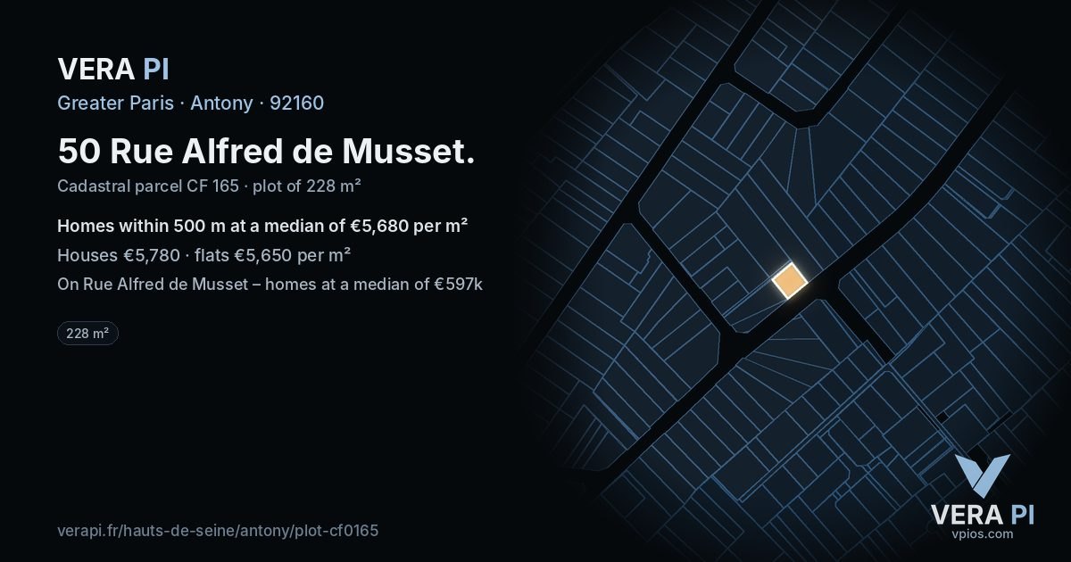 50 Rue Alfred de Musset, Antony at night – the plot lit, the parcels around coloured by the prices near them