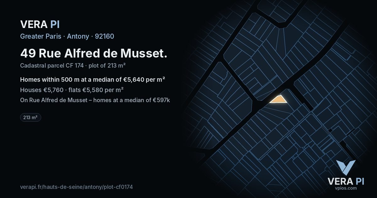 49 Rue Alfred de Musset, Antony at night – the plot lit, the parcels around coloured by the prices near them
