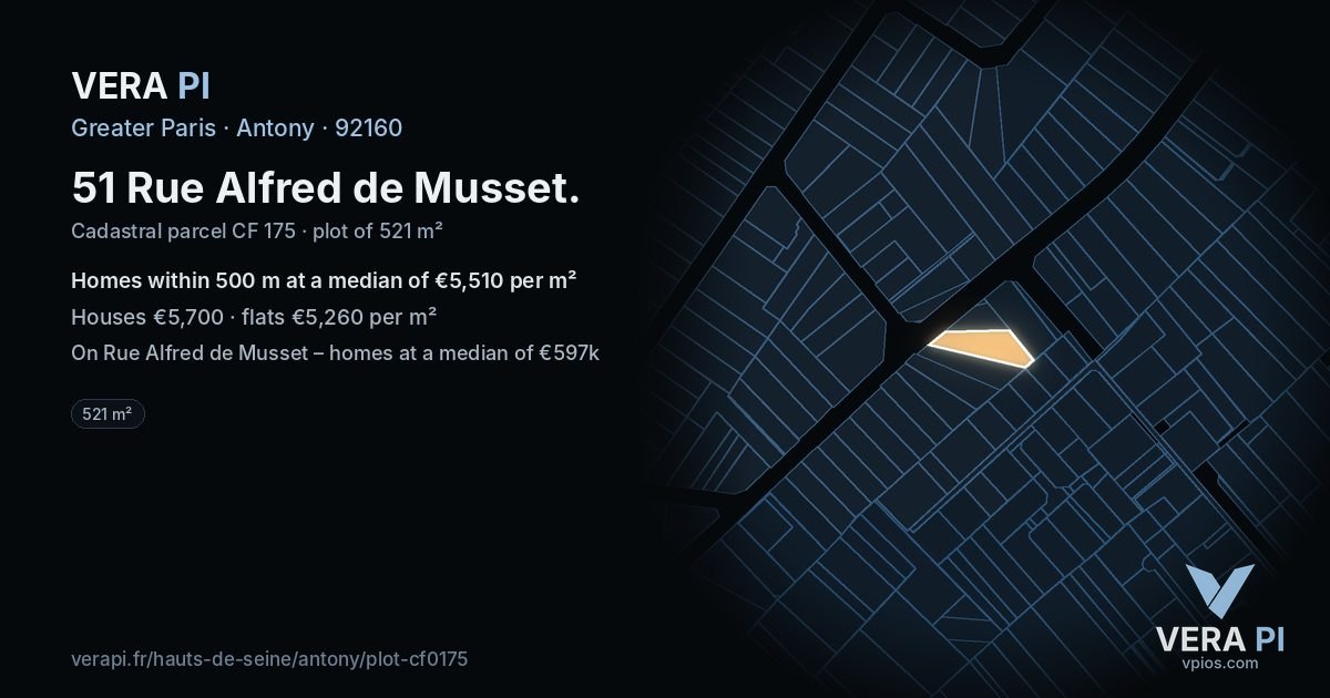 51 Rue Alfred de Musset, Antony at night – the plot lit, the parcels around coloured by the prices near them