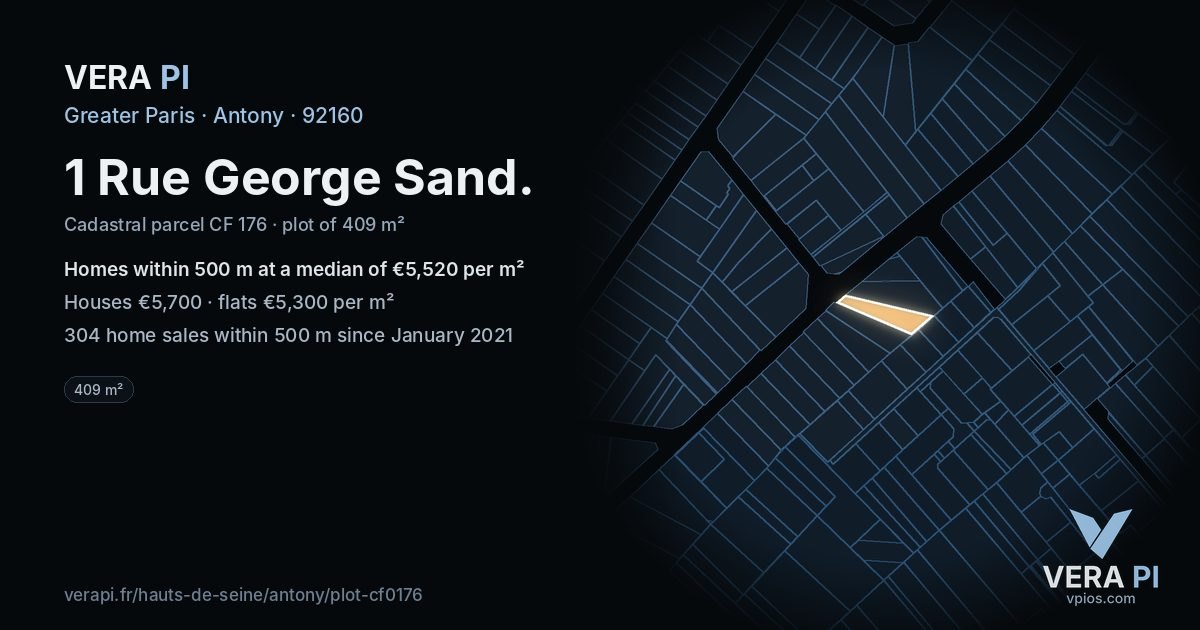 1 Rue George Sand, Antony at night – the plot lit, the parcels around coloured by the prices near them