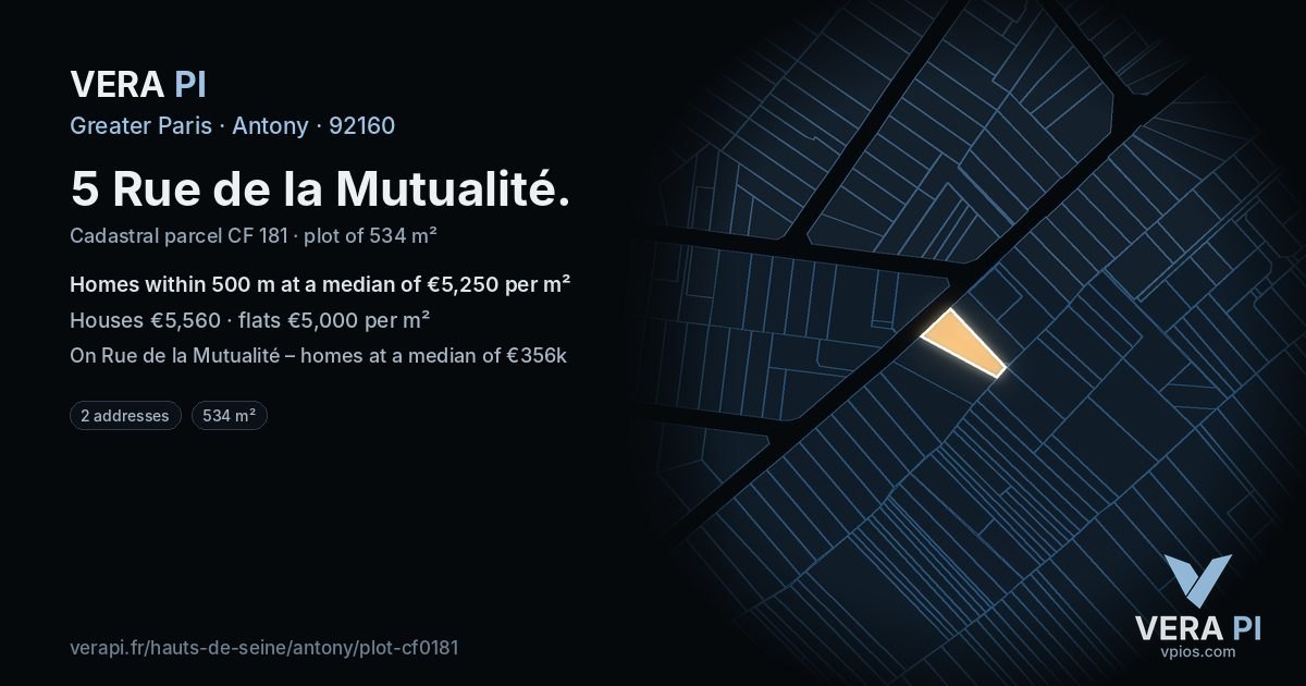 5 Rue de la Mutualité, Antony at night – the plot lit, the parcels around coloured by the prices near them