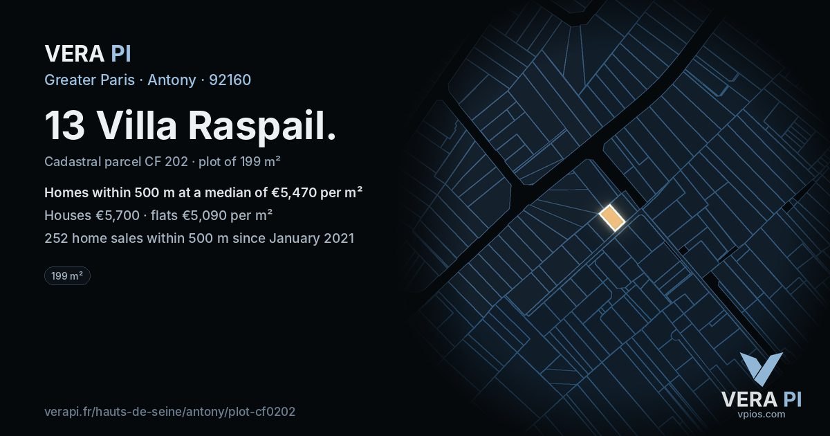 13 Villa Raspail, Antony at night – the plot lit, the parcels around coloured by the prices near them