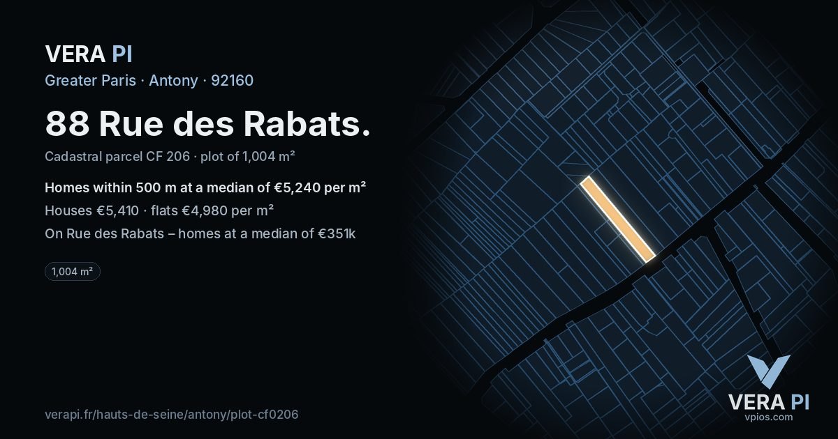 88 Rue des Rabats, Antony at night – the plot lit, the parcels around coloured by the prices near them