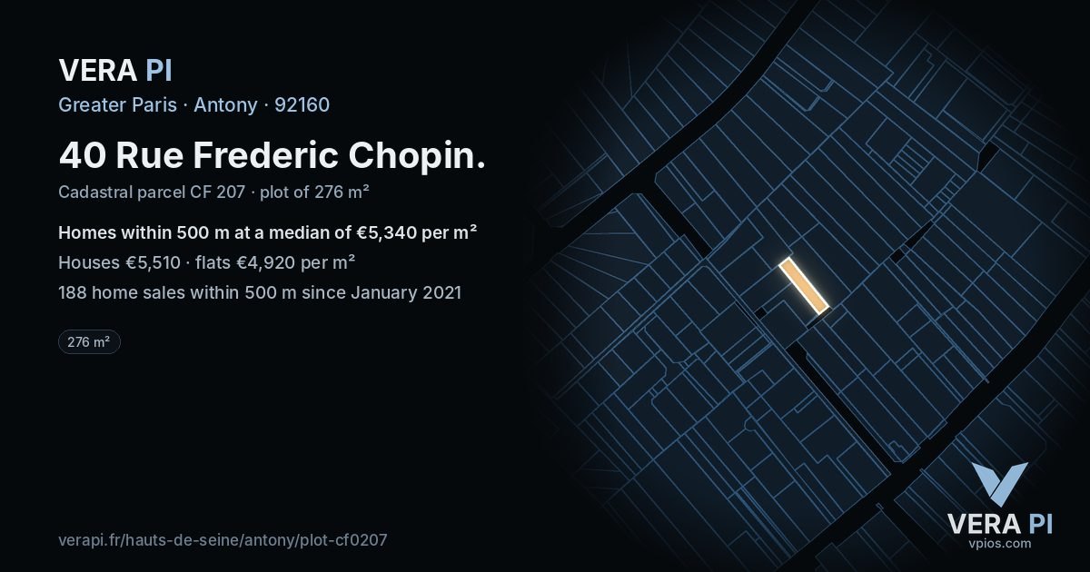 40 Rue Frederic Chopin, Antony at night – the plot lit, the parcels around coloured by the prices near them