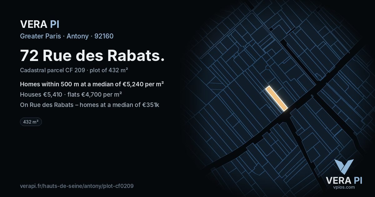 72 Rue des Rabats, Antony at night – the plot lit, the parcels around coloured by the prices near them