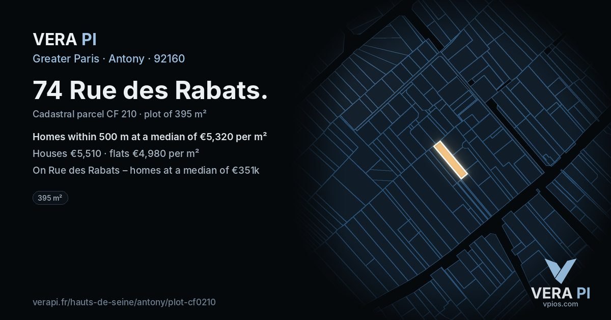 74 Rue des Rabats, Antony at night – the plot lit, the parcels around coloured by the prices near them