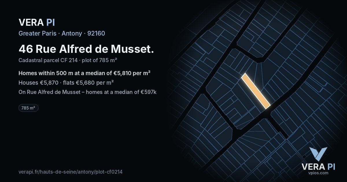 46 Rue Alfred de Musset, Antony at night – the plot lit, the parcels around coloured by the prices near them
