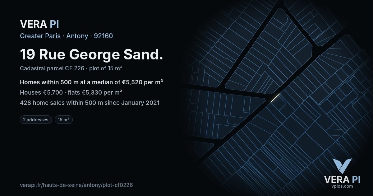 19 Rue George Sand, Antony at night – the plot lit, the parcels around coloured by the prices near them