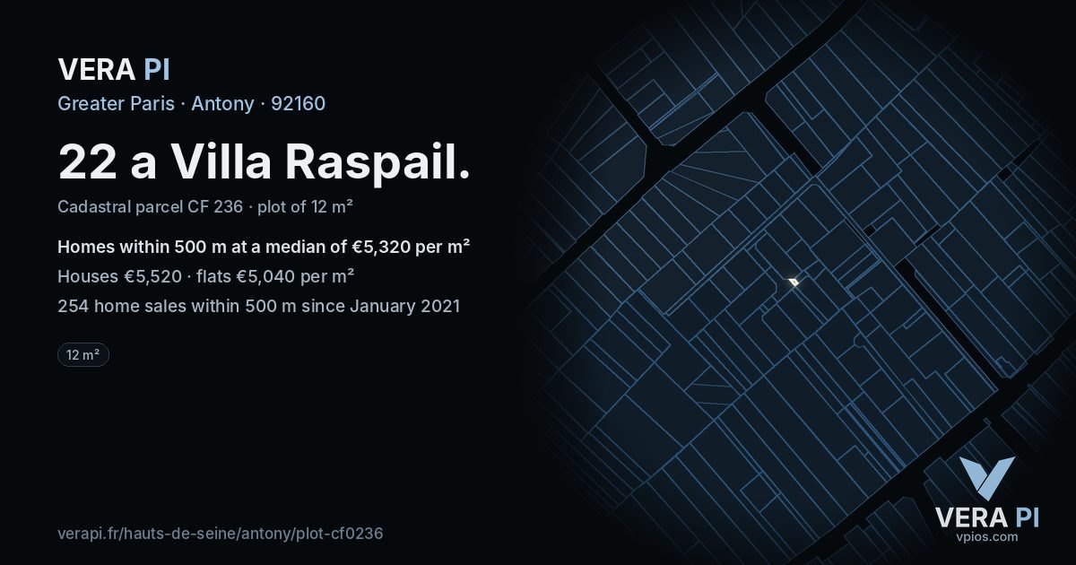 22 a Villa Raspail, Antony at night – the plot lit, the parcels around coloured by the prices near them