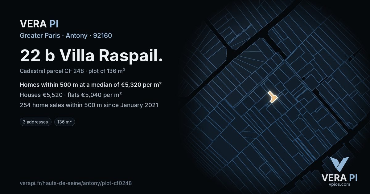 22 b Villa Raspail, Antony at night – the plot lit, the parcels around coloured by the prices near them
