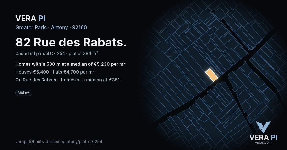 82 Rue des Rabats, Antony at night – the plot lit, the parcels around coloured by the prices near them