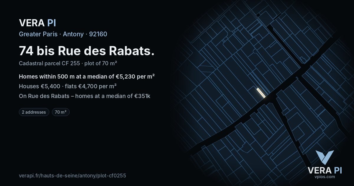 74 bis Rue des Rabats, Antony at night – the plot lit, the parcels around coloured by the prices near them