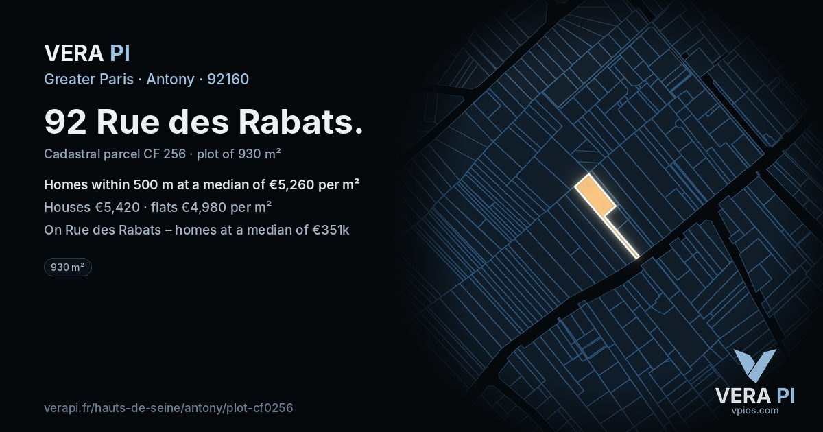 92 Rue des Rabats, Antony at night – the plot lit, the parcels around coloured by the prices near them