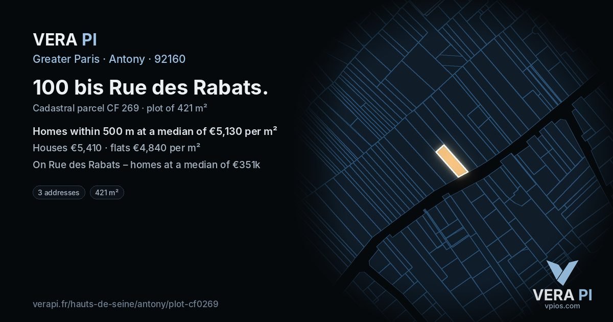 100 bis Rue des Rabats, Antony at night – the plot lit, the parcels around coloured by the prices near them