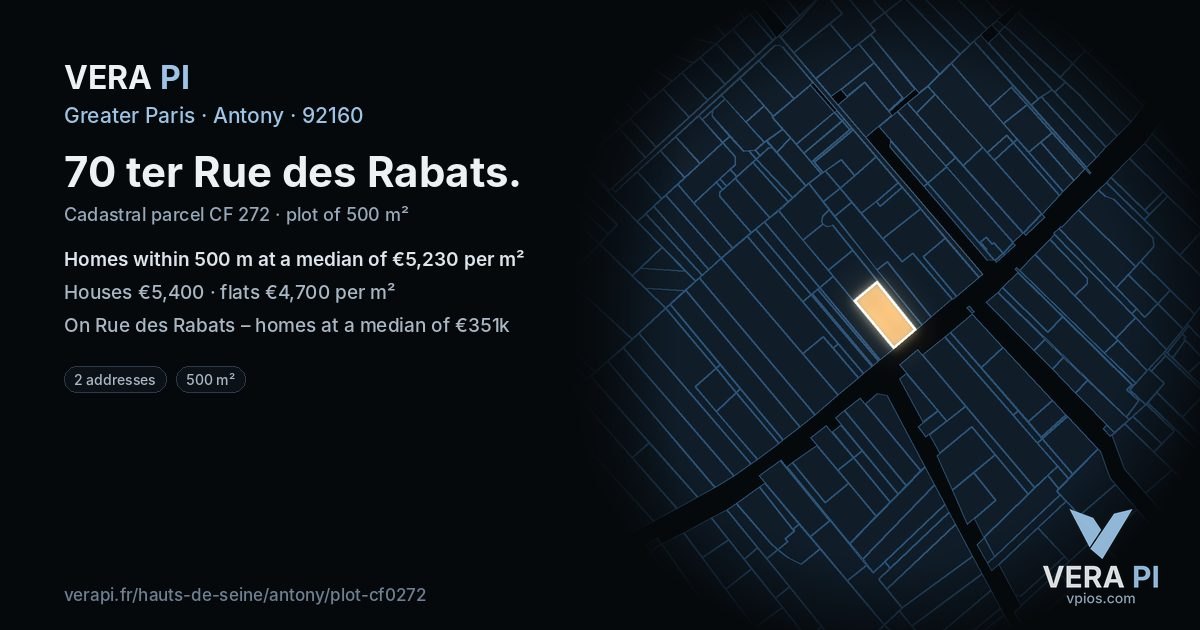 70 ter Rue des Rabats, Antony at night – the plot lit, the parcels around coloured by the prices near them