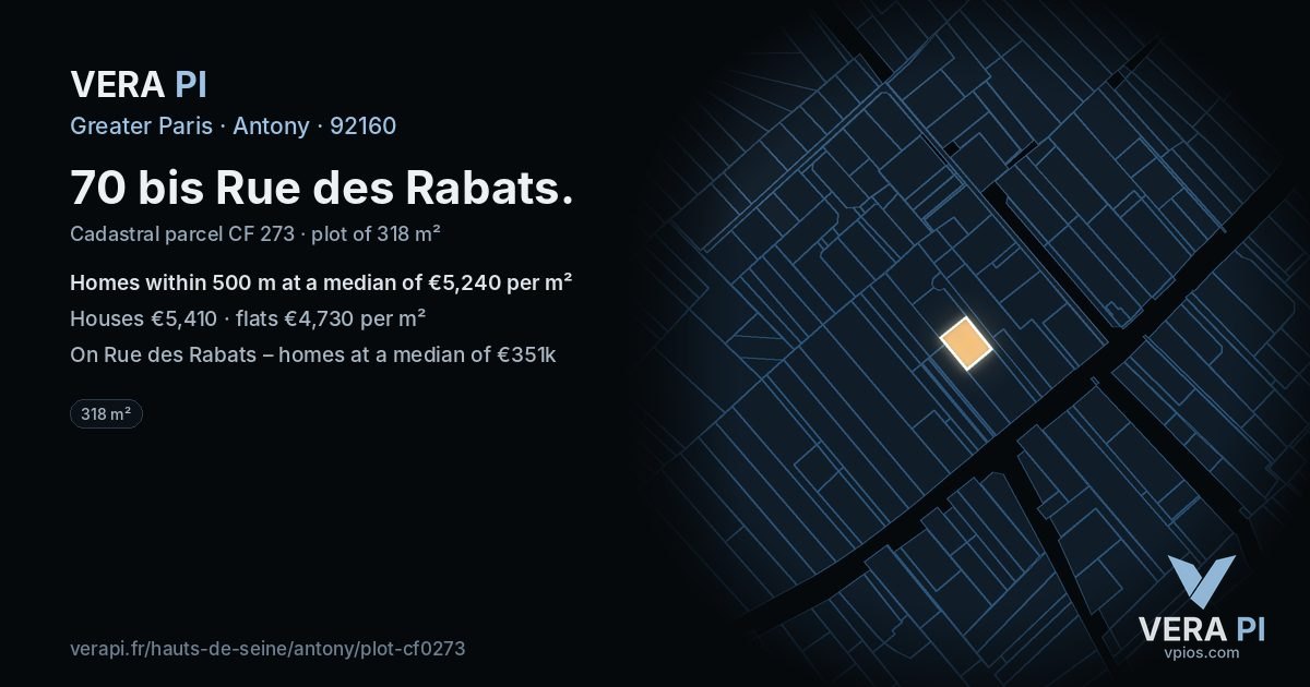 70 bis Rue des Rabats, Antony at night – the plot lit, the parcels around coloured by the prices near them