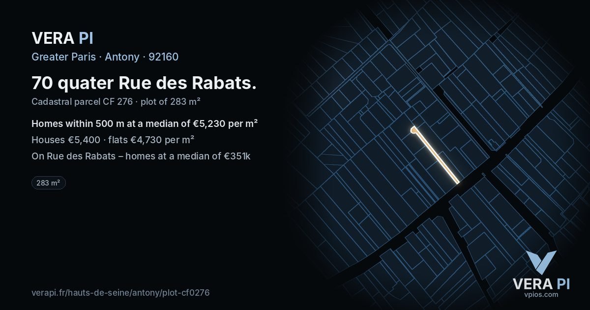 70 quater Rue des Rabats, Antony at night – the plot lit, the parcels around coloured by the prices near them