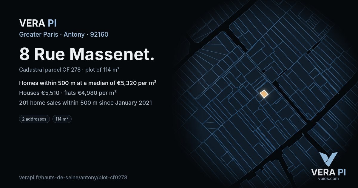 8 Rue Massenet, Antony at night – the plot lit, the parcels around coloured by the prices near them