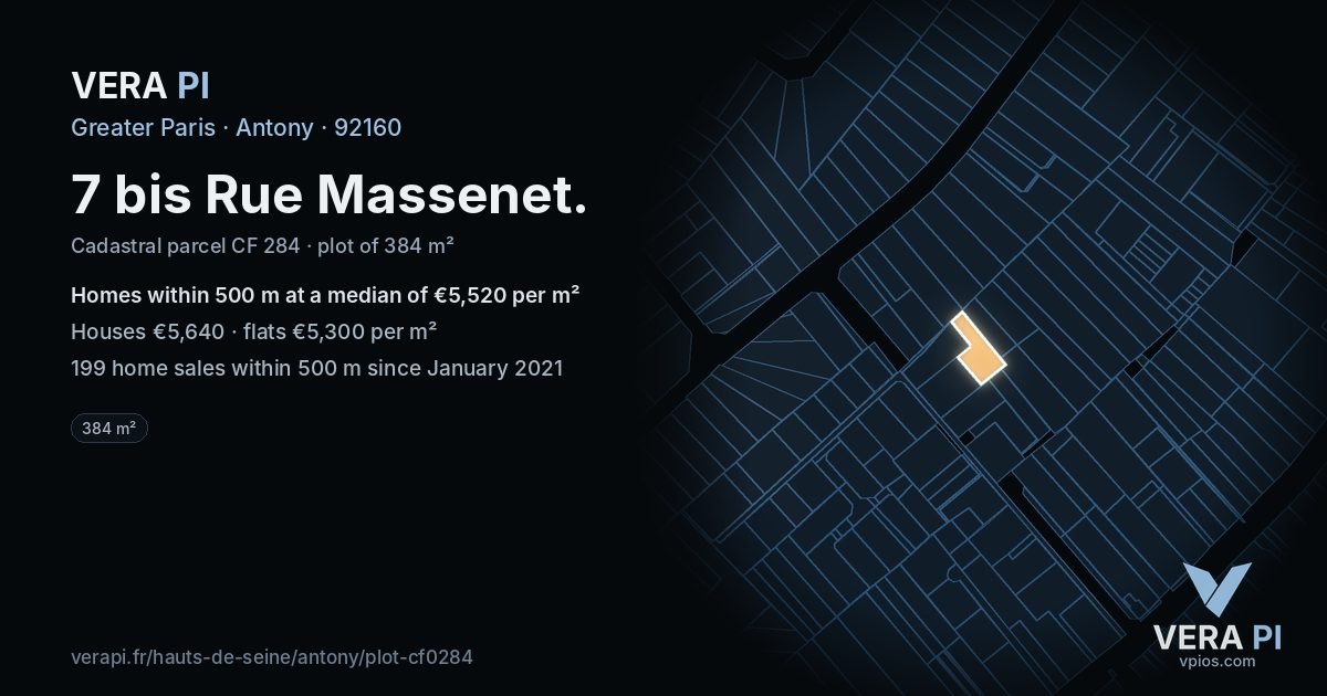 7 bis Rue Massenet, Antony at night – the plot lit, the parcels around coloured by the prices near them