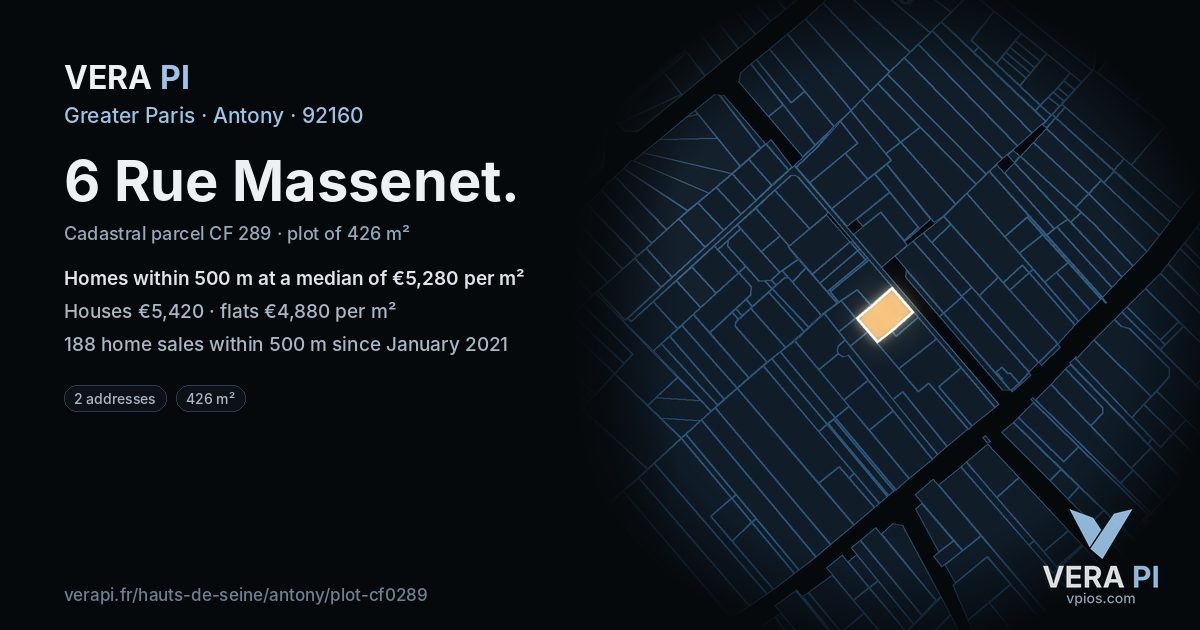 6 Rue Massenet, Antony at night – the plot lit, the parcels around coloured by the prices near them