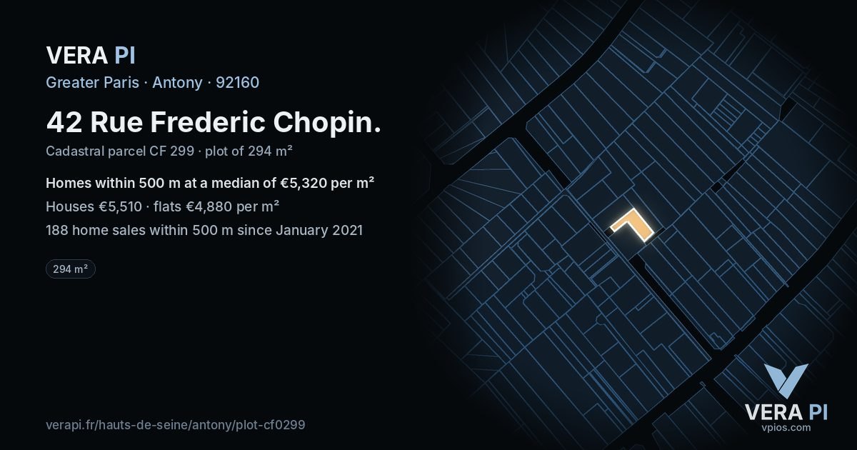 42 Rue Frederic Chopin, Antony at night – the plot lit, the parcels around coloured by the prices near them