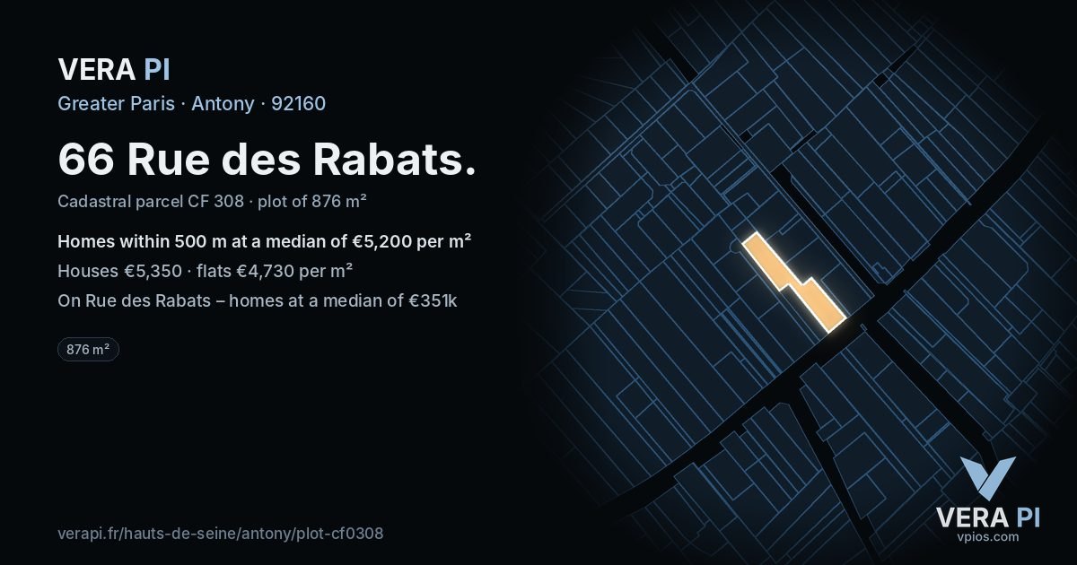 66 Rue des Rabats, Antony at night – the plot lit, the parcels around coloured by the prices near them