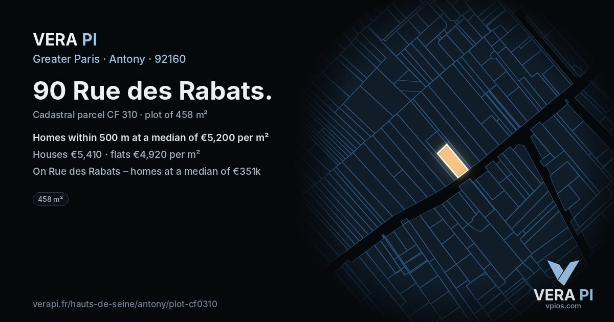 90 Rue des Rabats, Antony at night – the plot lit, the parcels around coloured by the prices near them