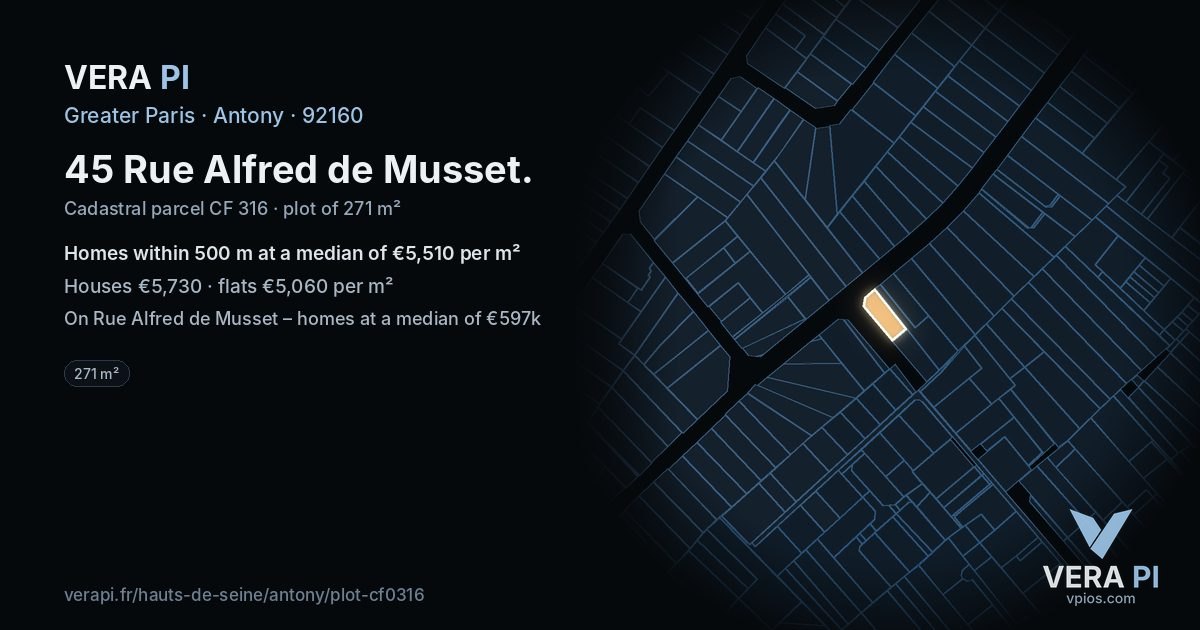 45 Rue Alfred de Musset, Antony at night – the plot lit, the parcels around coloured by the prices near them
