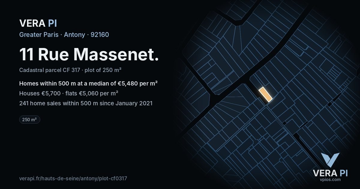11 Rue Massenet, Antony at night – the plot lit, the parcels around coloured by the prices near them