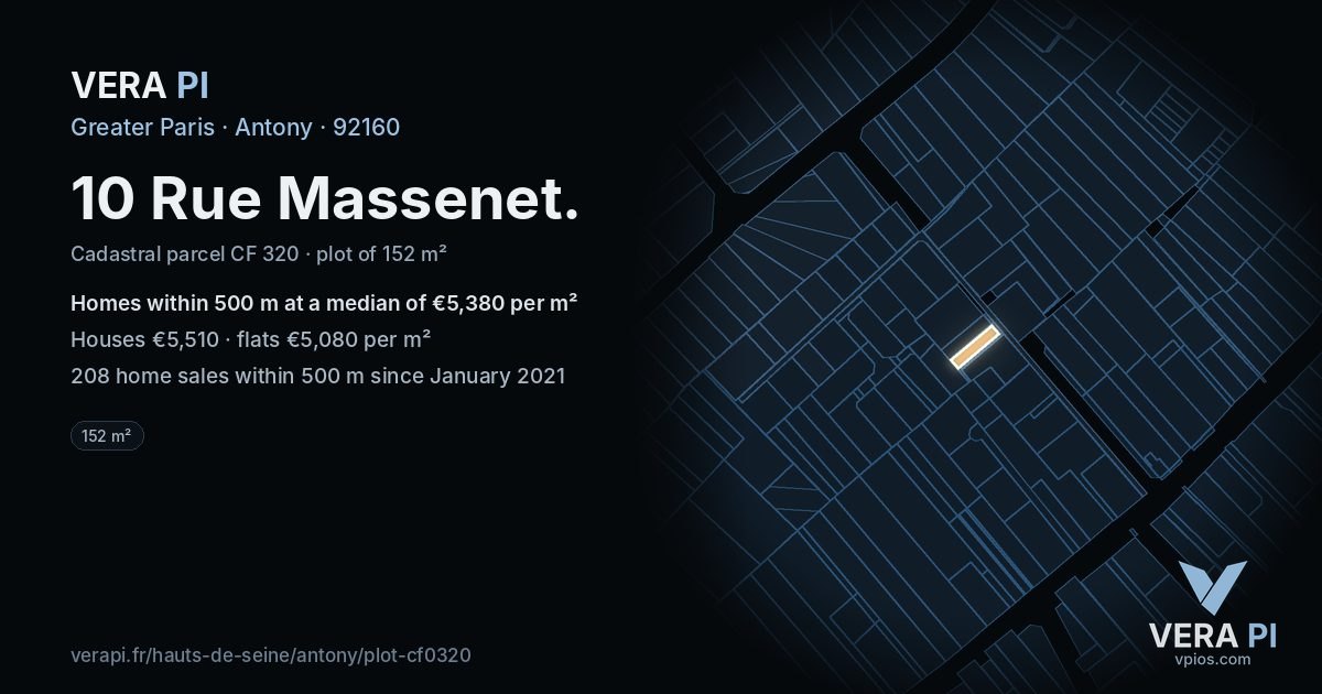 10 Rue Massenet, Antony at night – the plot lit, the parcels around coloured by the prices near them