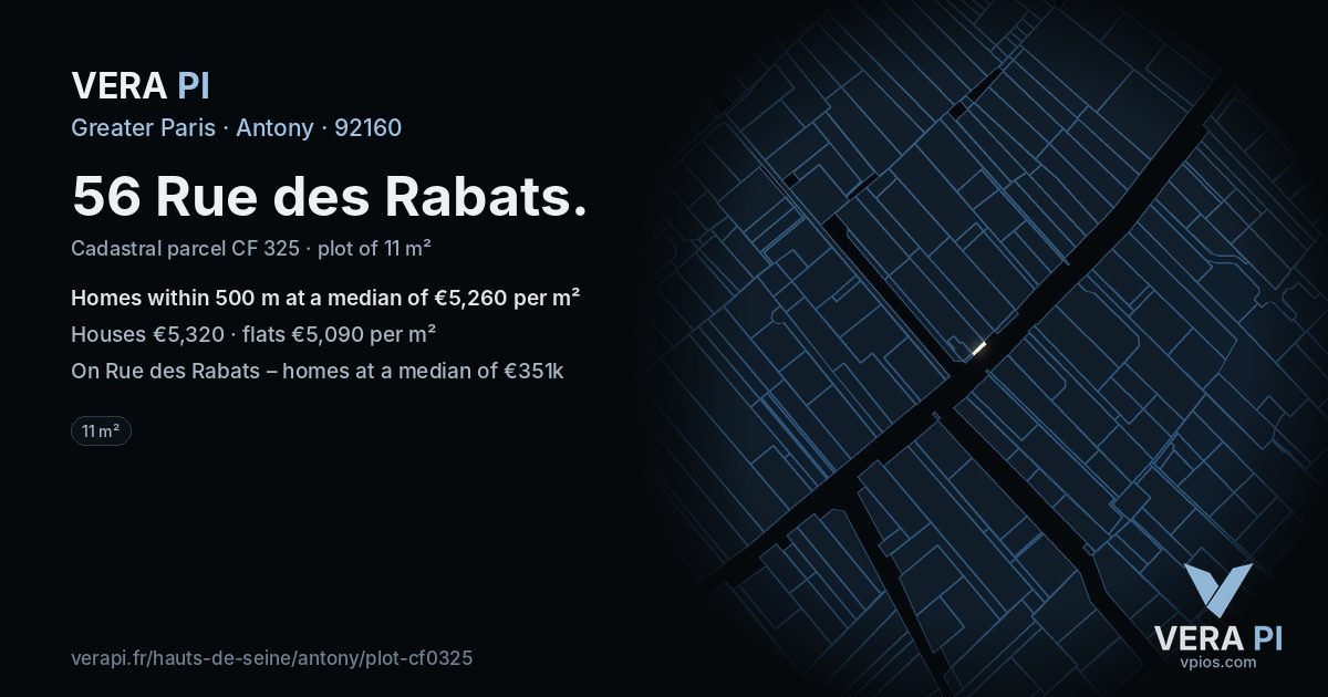 56 Rue des Rabats, Antony at night – the plot lit, the parcels around coloured by the prices near them