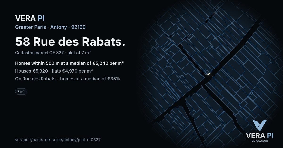 58 Rue des Rabats, Antony at night – the plot lit, the parcels around coloured by the prices near them