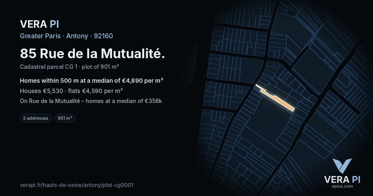 85 Rue de la Mutualité, Antony at night – the plot lit, the parcels around coloured by the prices near them
