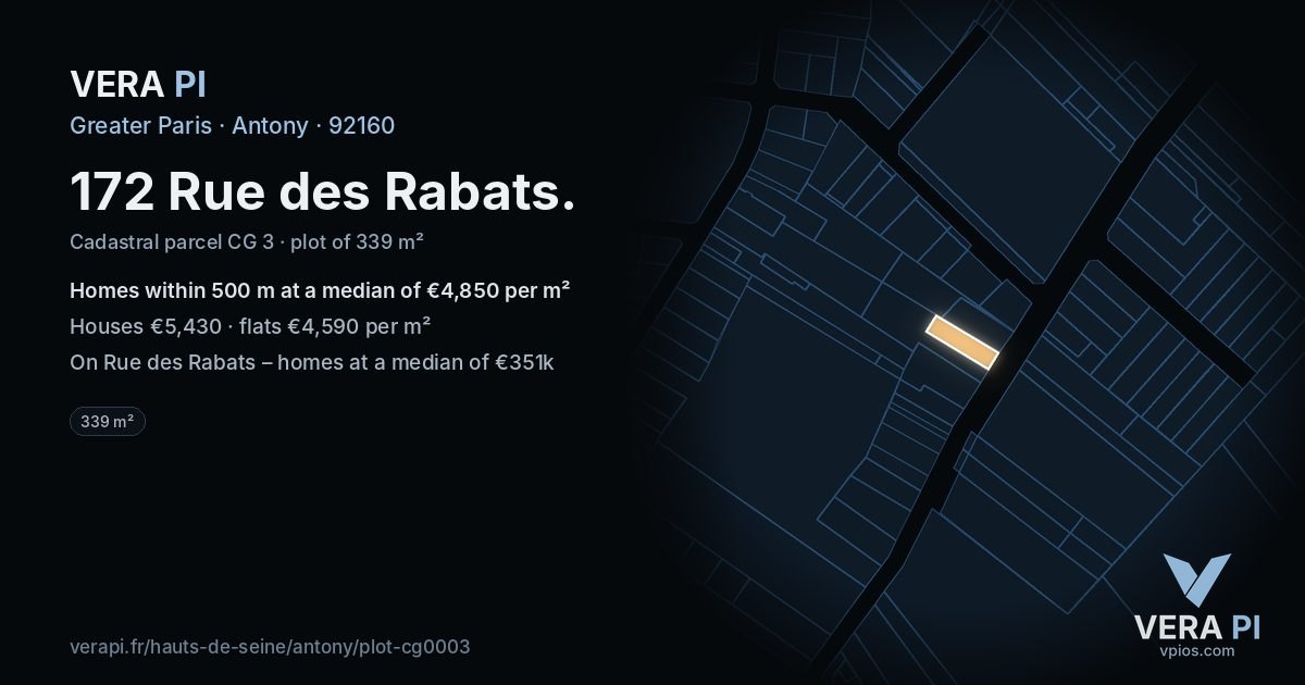 172 Rue des Rabats, Antony at night – the plot lit, the parcels around coloured by the prices near them