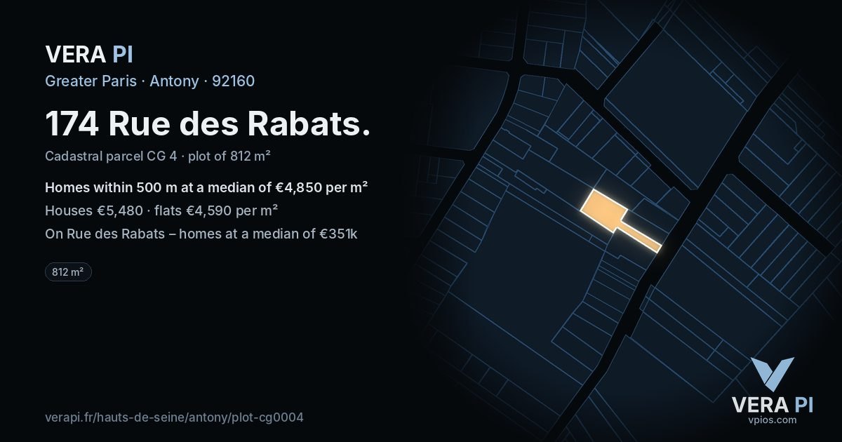 174 Rue des Rabats, Antony at night – the plot lit, the parcels around coloured by the prices near them