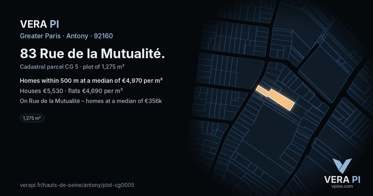 83 Rue de la Mutualité, Antony at night – the plot lit, the parcels around coloured by the prices near them