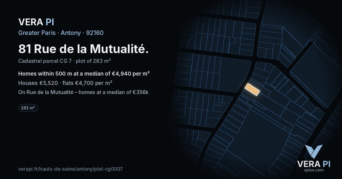 81 Rue de la Mutualité, Antony at night – the plot lit, the parcels around coloured by the prices near them