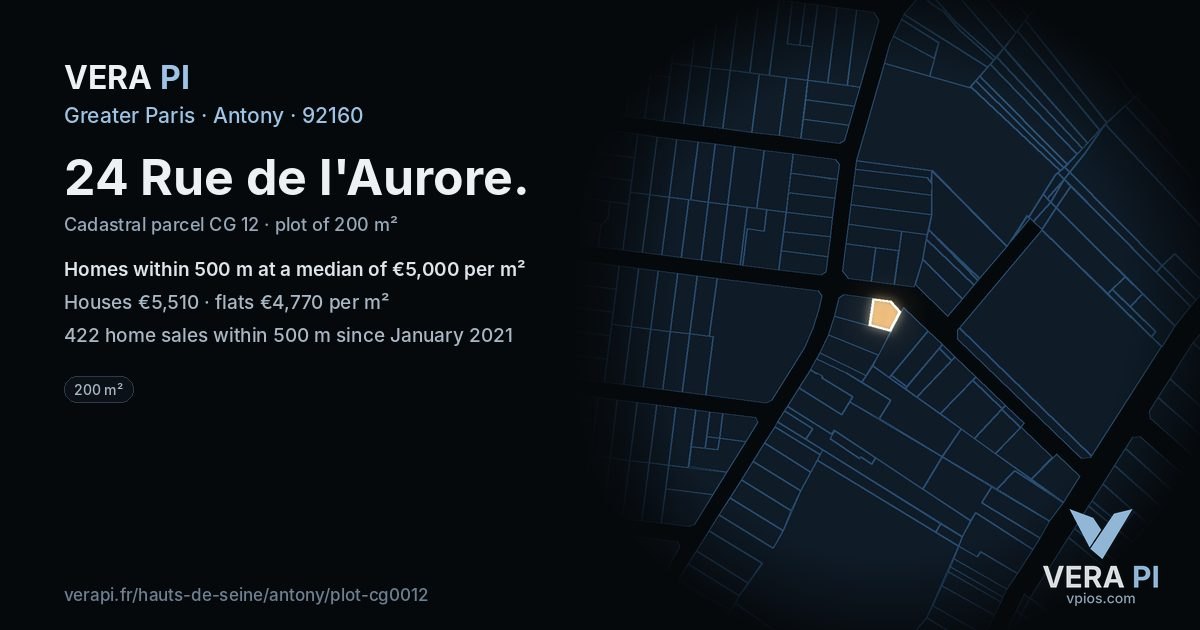 24 Rue de l'Aurore, Antony at night – the plot lit, the parcels around coloured by the prices near them
