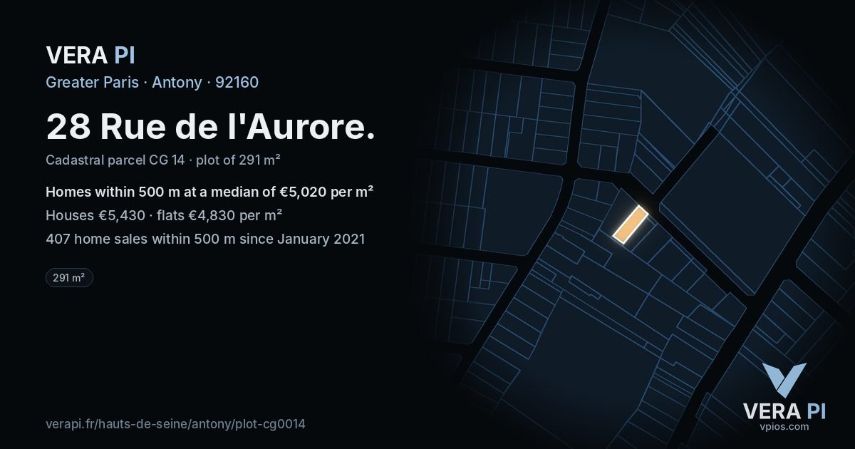 28 Rue de l'Aurore, Antony at night – the plot lit, the parcels around coloured by the prices near them