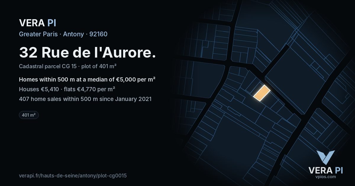 32 Rue de l'Aurore, Antony at night – the plot lit, the parcels around coloured by the prices near them