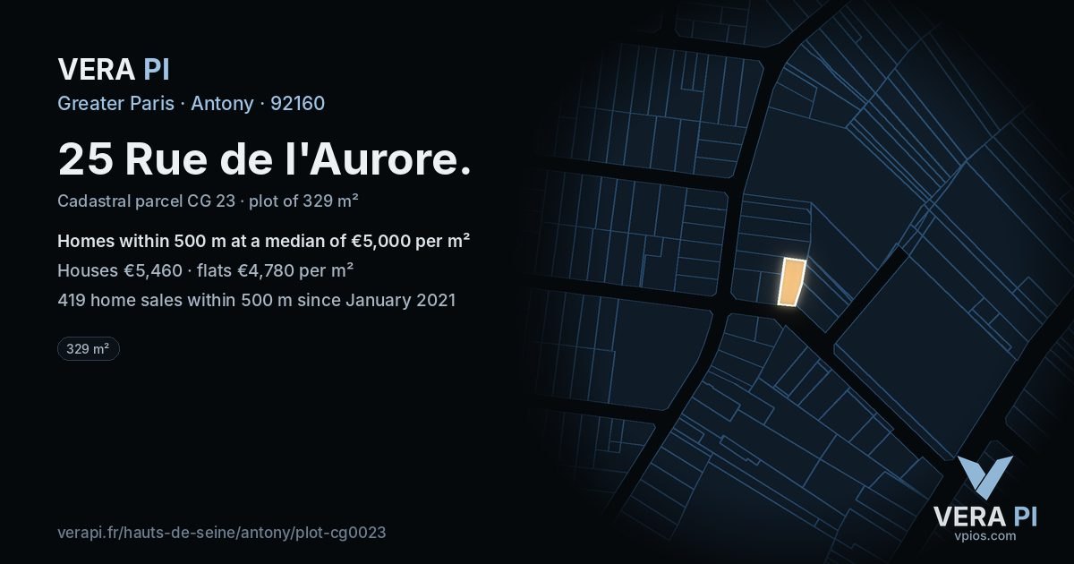 25 Rue de l'Aurore, Antony at night – the plot lit, the parcels around coloured by the prices near them