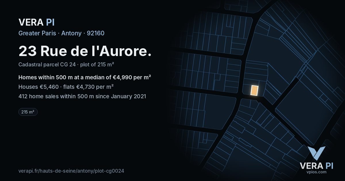 23 Rue de l'Aurore, Antony at night – the plot lit, the parcels around coloured by the prices near them