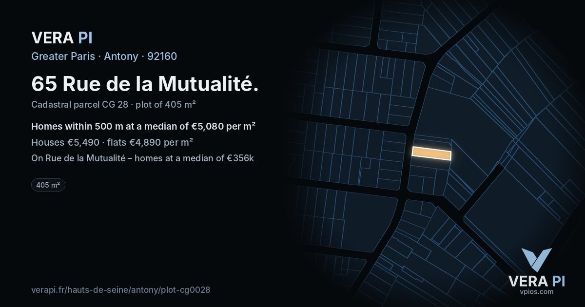 65 Rue de la Mutualité, Antony at night – the plot lit, the parcels around coloured by the prices near them