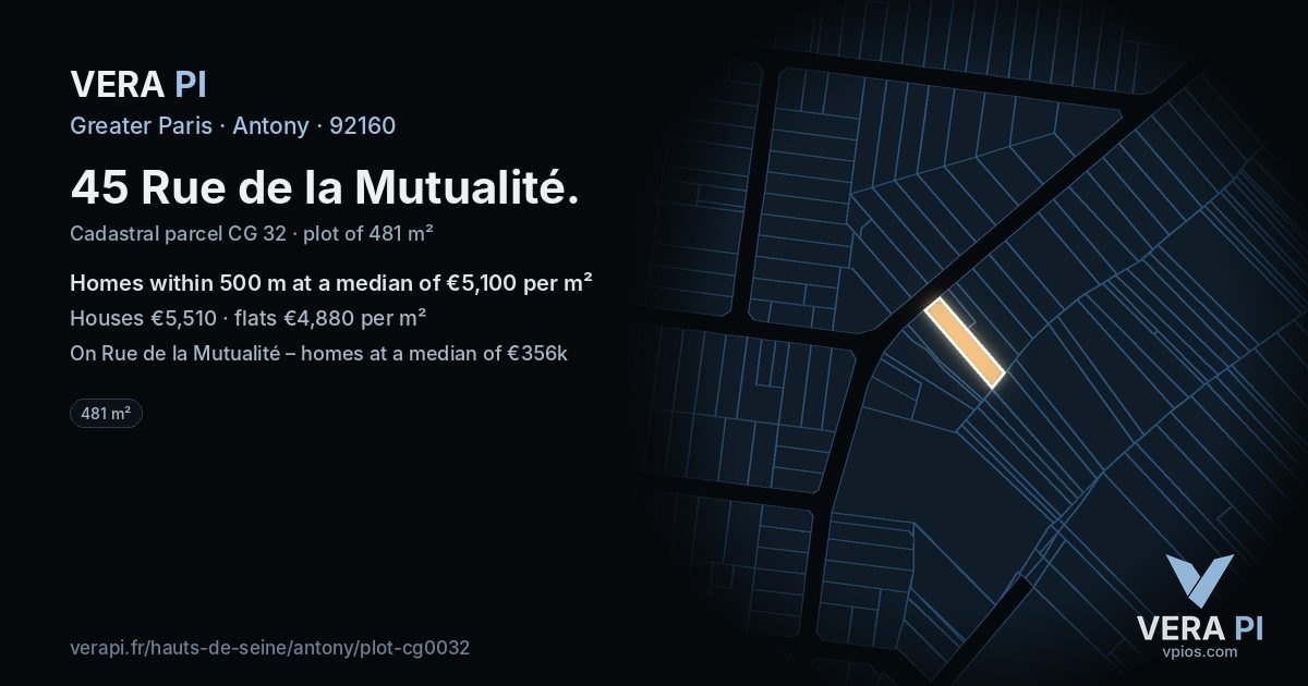 45 Rue de la Mutualité, Antony at night – the plot lit, the parcels around coloured by the prices near them
