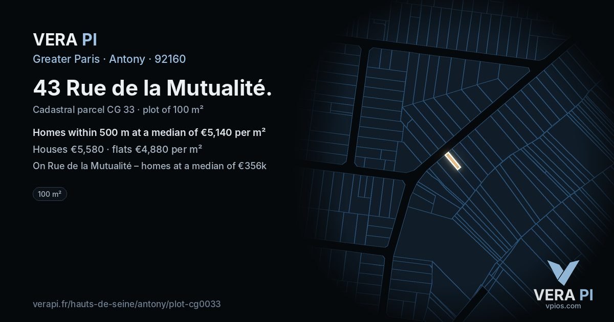 43 Rue de la Mutualité, Antony at night – the plot lit, the parcels around coloured by the prices near them