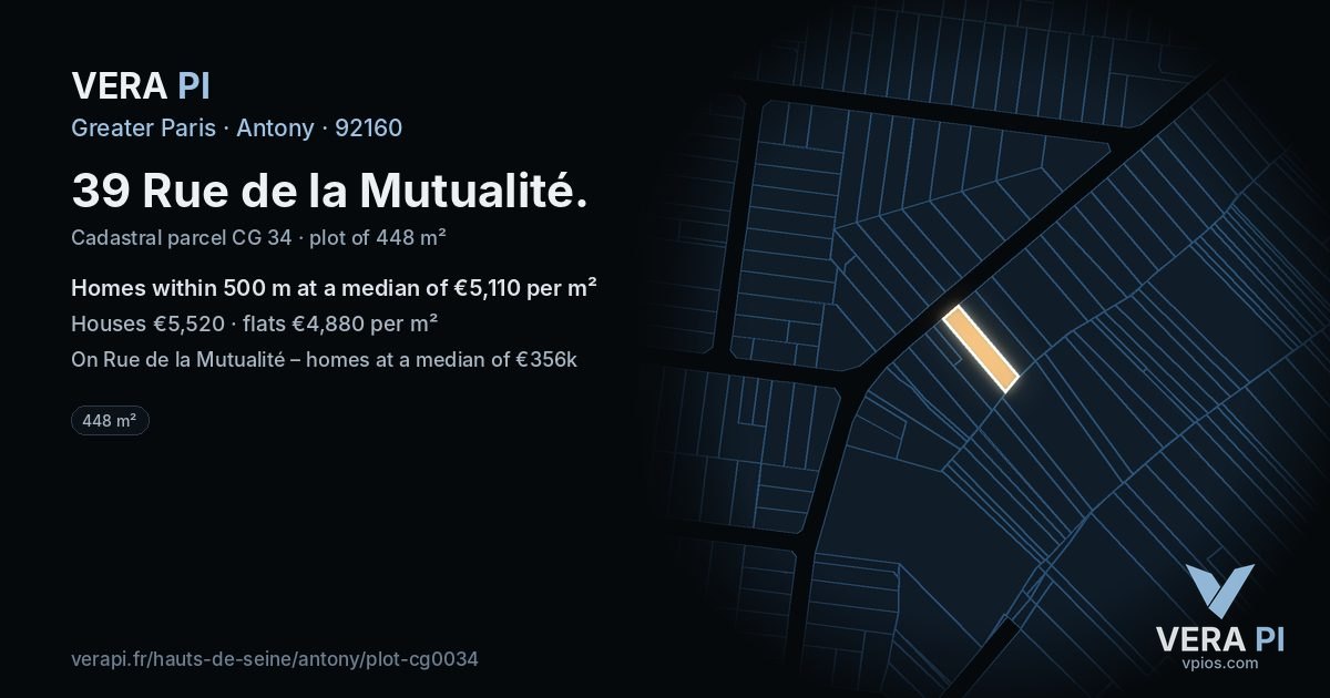 39 Rue de la Mutualité, Antony at night – the plot lit, the parcels around coloured by the prices near them