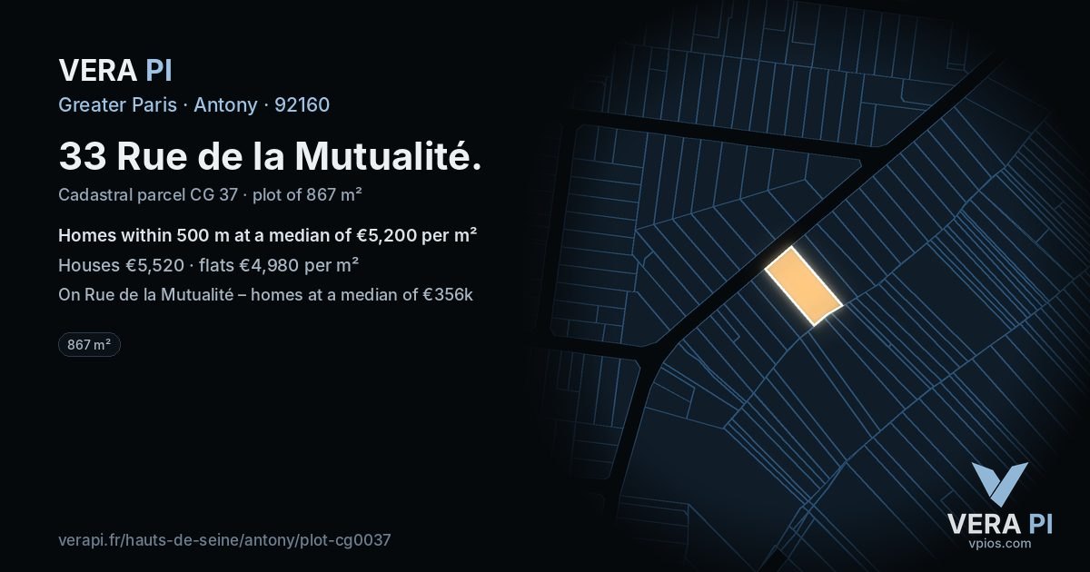 33 Rue de la Mutualité, Antony at night – the plot lit, the parcels around coloured by the prices near them